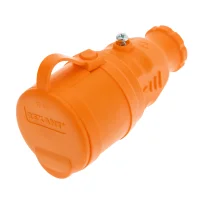 Розетка переносная влагозащищенная с крышкой, с/з, 16 А, IP44, каучук оранжевая, REXANT 111-123