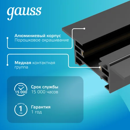 Шинопровод встраиваемый AC 220В Черный IP20 1000х60мм с адаптером питания и заглушкой Track Gauss GAUSS TR129