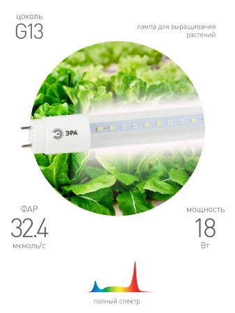 Б0042987 Лампа светодиодная полноспектральная Т8 с красными и белыми светодиодами для профессионального выращивания растений FITO-18W-Ra90-Т8-G13-NL ЭРА 