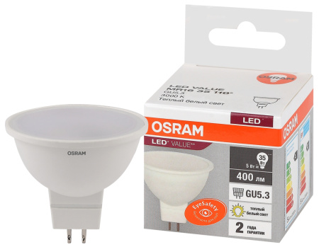 Лампа светодиодная LED 5 Вт GU5.3 3000К 400Лм спот 220 В (замена 35Вт) OSRAM LEDVANCE 4058075582330