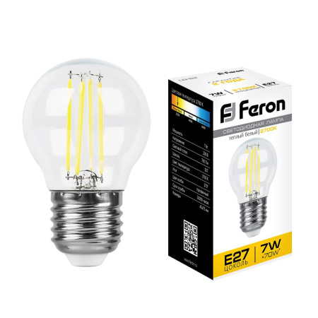 Лампа светодиодная LED 7вт Е27 теплый шар FILAMENT FERON LB-52 25876