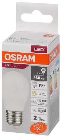 Лампа светодиодная LED 7 Вт E27 3000К 560Лм шарик 220 В (замена 60Вт) OSRAM LEDVANCE 4058075579804