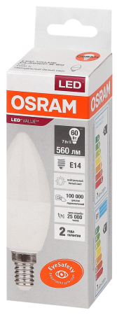 Лампа светодиодная LED 7 Вт E14 4000К 560Лм свеча 220 В (замена 60Вт) OSRAM LEDVANCE 4058075578944