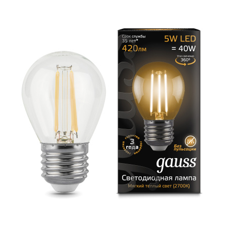 Лампа светодиодная филаментная LED 5 Вт 420 лм 2700К AC185-265В E27 шар P45 теплая  Black Filament Gauss GAUSS 105802105