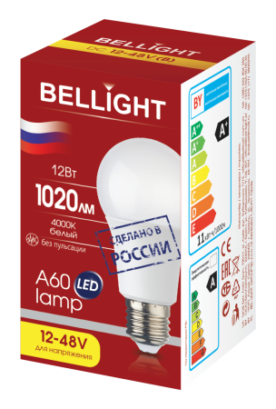 Лампа светодиодная LED A60 Е27 12W 12-48вольт 4000К BELLIGHT 85637131