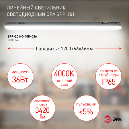 Светильник светодиодный линейный IP65 36Вт 3420Лм 4000К 1200мм мат SPP-201-0-40K-036