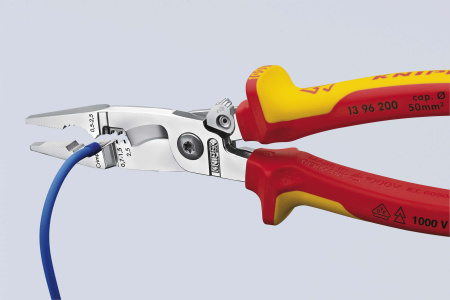 Клещи электромонтажные VDE 1000V 6-в-1 захват плоского и круглого материала гибка удаление заусенцев снятие изоляции 075 - 15 + 25 мм обжимка контактных гильз 05 - 25 мм кабелерез 15 мм (5 х 25 мм) L-200 мм диэлектрические защёлка-собачка хромир