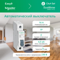 Выключатель автоматический однополюсный 16А С 4.5kA 230В City9 Set Systeme Electric C9F34116