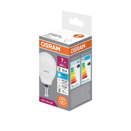 Лампа светодиодная LED 7 Вт E14 6500К 560Лм шарик 220 В (замена 60Вт) OSRAM LEDVANCE 4058075579682