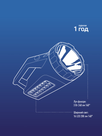 Фонарь-прожектор аккумуляторный , 3W LED + 16 SMD LED, аккум. 4V 1,2Ah, 240Lm - 6 часов, 200 Lm - 8 часов, Космос KOCAccu678Ex