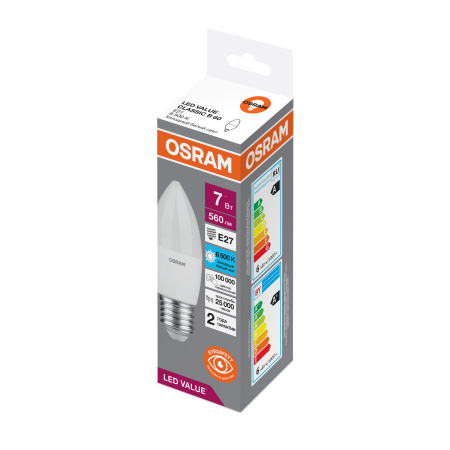 Лампа светодиодная LED 7 Вт E27 6500К 560Лм свеча 220 В (замена 60Вт) OSRAM LEDVANCE 4058075579507