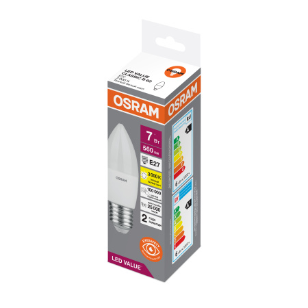 Лампа светодиодная LED 7 Вт E27 3000К 560Лм свеча 220 В (замена 60Вт) OSRAM LEDVANCE 4058075579446